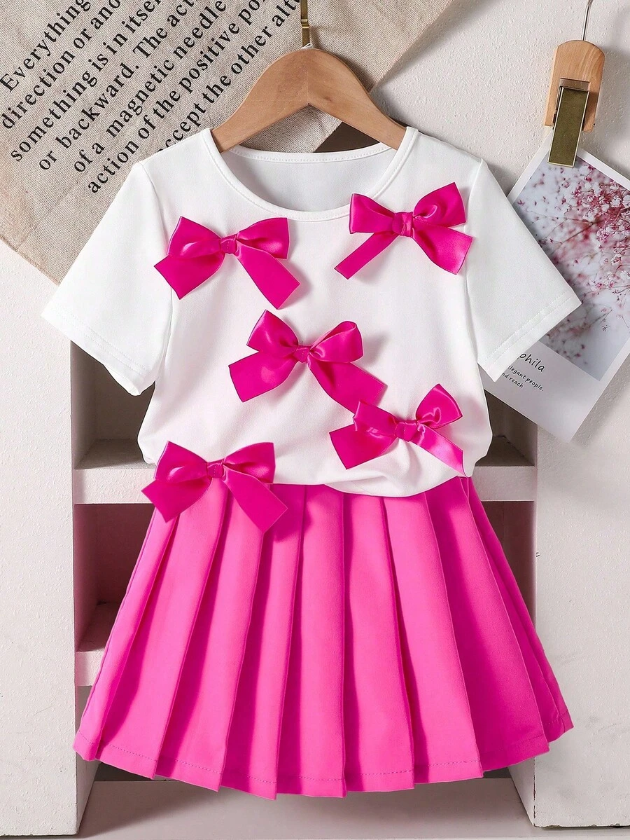 2Pcs/Set Young Girl Y2K Style Cute Bowknot Crew Neck Short Sleeve Crop Top + Solid Color Mini Pleated Skirt Set - Pink - View 1