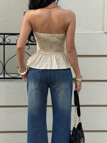 Siren Gaze 亚麻褶皱双面荷叶边衬衫，露背上衣，亚麻荷叶边衬衫，基础款亚麻衬衫，夏季衬衫，女士夏季上衣，100%纯棉上衣，休闲度假衬衫，送给她的礼物 - 棕色 - 查看 2