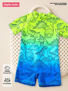 1件男婴渐变恐龙印花拉链连体泳衣（兄妹装，2件套单独出售） - 彩色 - 查看 7