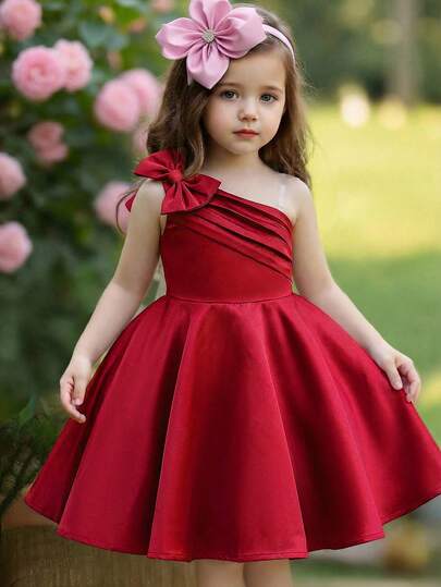 SHEIN 少女粉色可爱优雅奢华单肩3D花朵荷叶边舞会礼服短款舞会礼服，适合返校节、生日、春季、夏季、派对、花童礼服、母女姐妹亲子装、家庭度假、节日、华丽公主、派对服装、春夏。