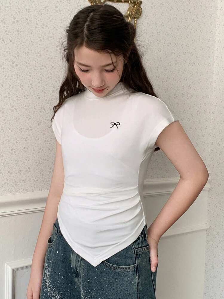 Tween Girls Round Neck Knit Bow Embroidered Asymmetrical Hem Cinched Waist Short Sleeve T-Shirt, Fall Summer