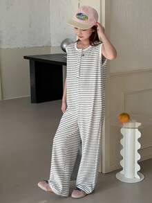 DAZY 少女条纹纽扣设计无袖休闲阔腿连体裤 夏季 - 黑與白 - 查看 5