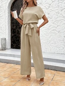 SHEIN Clasi Elegante tuta estiva da donna in lino blu con maniche a sbuffo, vita annodata e tessuto plissettato, adatta per varie occasioni, viaggi quotidiani, uscite, ecc. - Cachi - Visualizzare 3