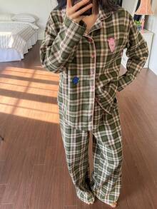 DAZY 2pcs Plaid Pattern Loose Long Sleeve Cardigan And Pants Women Pajama Set - Green - View 1