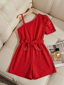 Tween Girls' Elegant Commuter Banquet One Shoulder Strap Puff Sleeve Beaded Belt Shorts Jumpsuit - Red - View 2