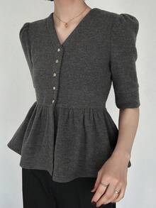 FRIFUL Kaos Wanita Polos dengan Lipit dan Rumbai di Bagian Bawah, Serbaguna untuk Musim Semi & Musim Panas - Grey - View 6