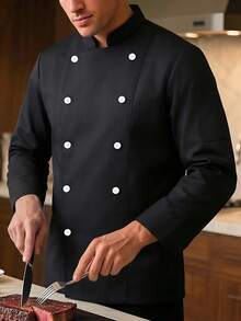 Manfinity Homme قميص طباخ بياقة عالية مزدوجة الصدر أحادي اللون بأكمام طويلة للرجال - الأسود - مشاهدة 1