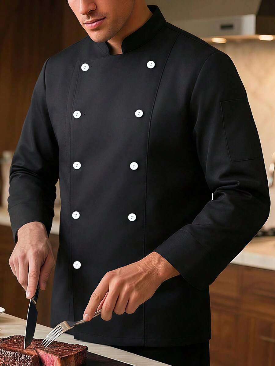 Manfinity Homme قميص طباخ بياقة عالية مزدوجة الصدر أحادي اللون بأكمام طويلة للرجال - الأسود - مشاهدة 1