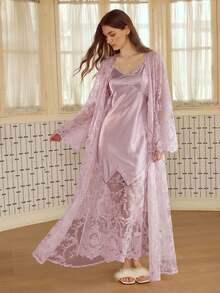 MOTF PREMIUM EMBROIDERED PATCHWORK ELEGANT LONG PAJAMA SET - Purple - View 4