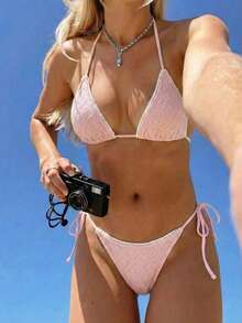 Swim Mod 两件套新款夏季女士比基尼泳衣，提花面料侧系带可爱比基尼套装，度假及新年泳装 - 藕粉色 - 查看 1