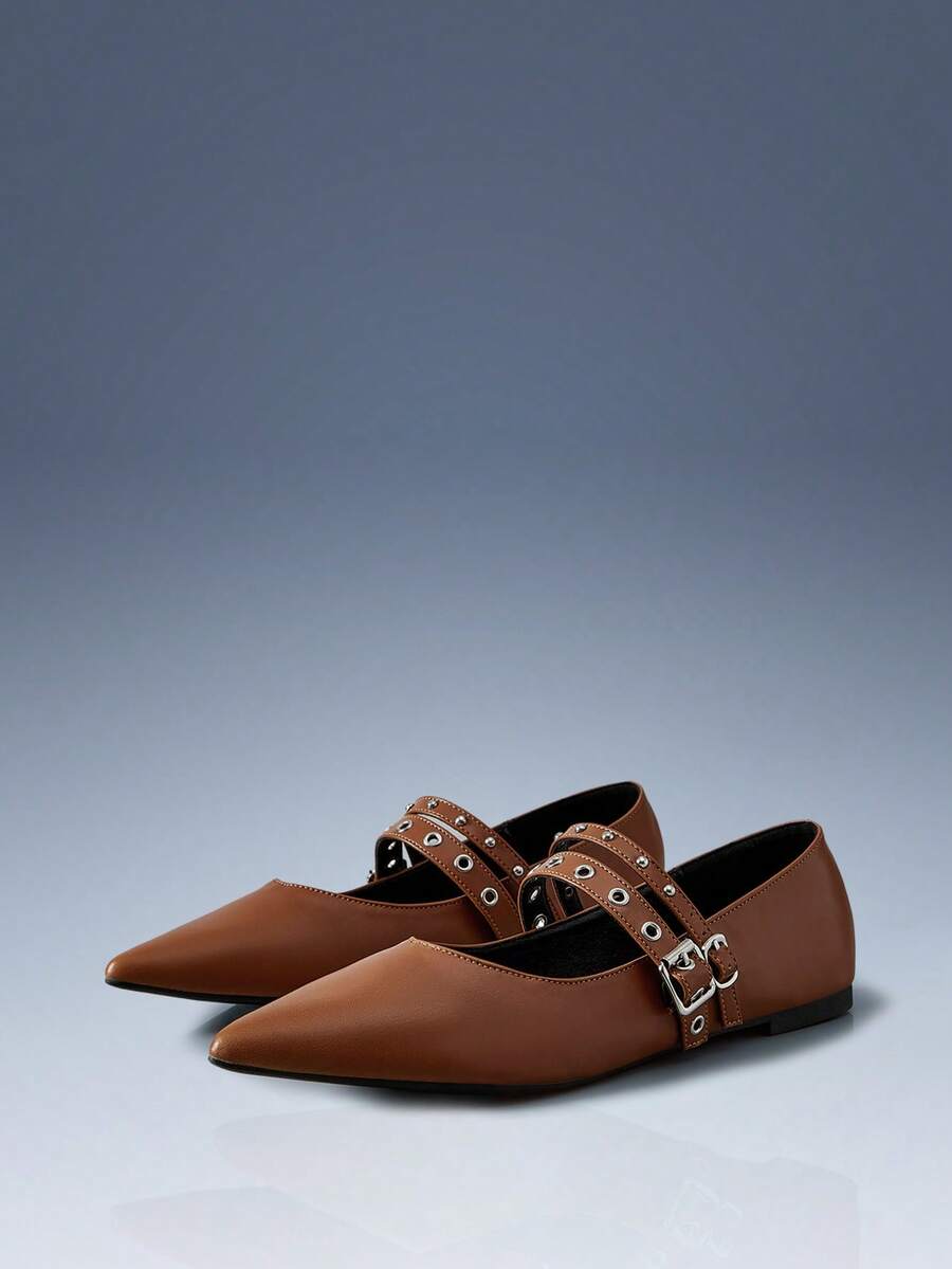 CUCCOO GRLICON Women's Rivet Decor Buckle Pointed Toe Flat Shoes Valentine's Day - Brown - View 1
