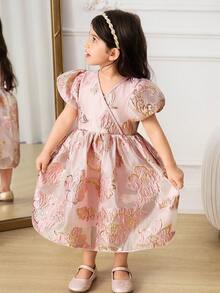 SHEIN Glamorique Kids 女婴优雅泡泡袖收腰花卉提花荷叶边连衣裙，正式场合着装 - 粉色 - 查看 5
