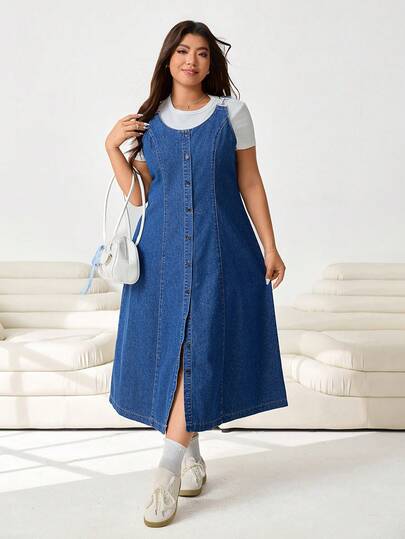 Solflare 大码女式单排扣休闲时尚牛仔背带裙