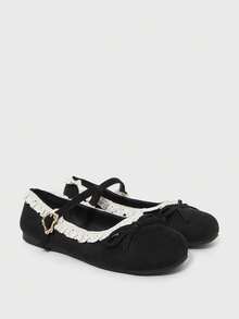 ROMWE Kawaii Sepatu Flat Wanita Modis & Manis dengan Hiasan Pita Renda untuk Natal dan Hari Valentine - Kain hitam + renda putih - View 3