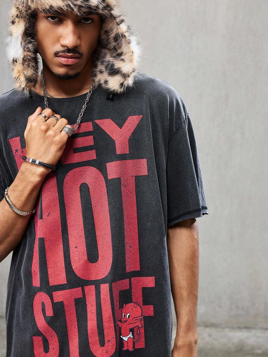 SHEIN HOT STUFF Men's Letter Graphic Round Neck Casual Short Sleeve T-Shirt - Black - View 1