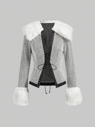 Veste vintage hippie sexy à col en fausse fourrure avec nœud devant, style patchwork