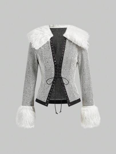 Vintage Hippie Sexy Crop Jacke mit Bindeband, Fake-Pelzkragen und Patchwork