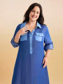 Momelise Plus Size Women Contrast Color Side Slit Long Sleeve Shirt Dress - Blue - View 8