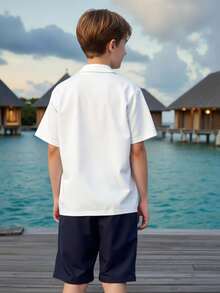 SHEIN Tween Boy Loose Casual Turn Down Collar Knitted Solid Short Sleeve Polo Shirt And Shorts Two Pieces Set,Kids - Multicolor - View 11