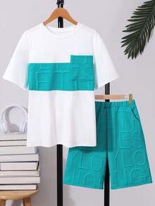 SHEIN Mirajuku 2件套青少年男童夏季撞色字母拼接圆领短袖T恤和户外休闲时尚3D字母运动短裤 - 彩色 - 查看 10