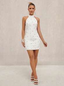 Lumalex 春夏泳装泳衣度假波西米亚风海滩户外高定层次感婚礼季宴会成人礼海滩海滨节日老钱婚礼订婚成人礼玫瑰情人节约会纯色水钻装饰紧身迷你连衣裙带蝴蝶结女装 - 白色 - 查看 9