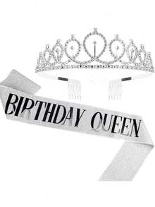 2pcs/Set Rose Gold &Gold &Silvery Birthday Queen Sash & Rhinestone Tiara - Glitter Sash & Sparkling Tiara Set For Birthday Girls - Multicolor - View 5