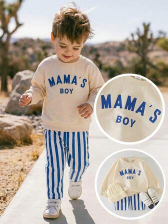 THE HAPPY LOOK Set de 2 piezas con parte superior de manga corta de punto suave con gráfico de letra y pantalones elásticos de cintura a rayas para niño pequeño