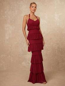 Lumalex 早春金属钩领荷叶边收腰修身连衣裙，适合女士度假、生日、婚礼、情人节礼物指南、浪漫情人节穿搭、宾客婚礼、情人节礼物指南、浪漫情人节穿搭、派对、夏季假日海滩装扮，尽显奢华格调，低调奢华，适合舞会、聚会、宴会、简约复古风、锐舞派对、层次丰富的派对装扮。 - 紅色 - 查看 2