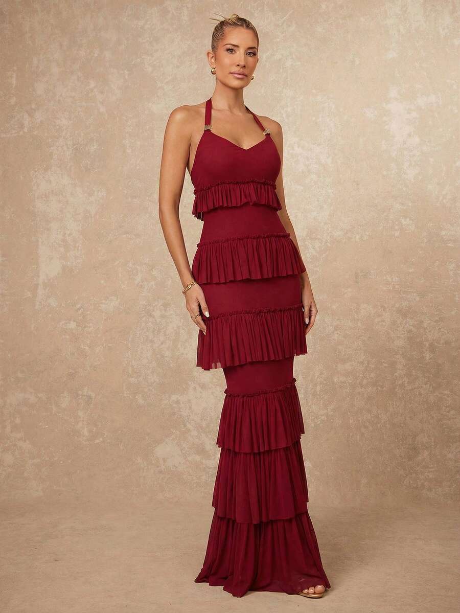 Lumalex 早春金属钩领荷叶边收腰修身连衣裙，适合女士度假、生日、婚礼、情人节礼物指南、浪漫情人节穿搭、宾客婚礼、情人节礼物指南、浪漫情人节穿搭、派对、夏季假日海滩装扮，尽显奢华格调，低调奢华，适合舞会、聚会、宴会、简约复古风、锐舞派对、层次丰富的派对装扮。