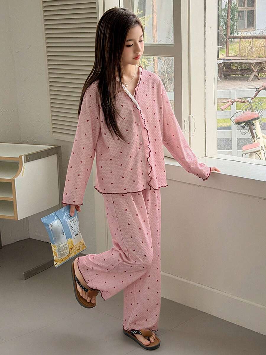DAZY Tween Girl Heart Print Button Front Long Sleeve Top And Pants Pajama Set - Pink - View 1