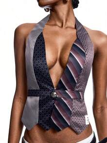 LYSMO Women's Geometric Striped Print Backless Sexy Halter Neck Camisole - Multicolor - View 5