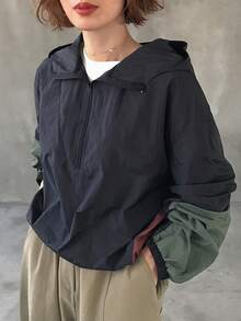 FRIFUL Women's Contrast Color Hooded Zip-Up Loose Casual Versatile Jacket - Black - View 5