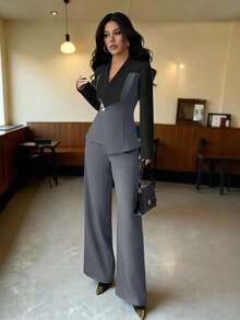 SHEIN Elenzya 女士秋冬季办公室商务休闲套装，金属装饰腰部修身不对称优雅通勤时尚套装 - 灰色 - 查看 4