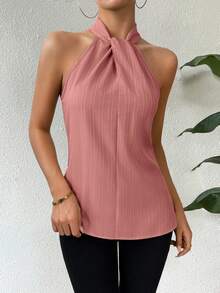 Chiquease Áo sơ mi hở vai không tay màu trơn thanh lịch dành cho quý cô, áo không tay - Màu hồng gỉ - Xem 3