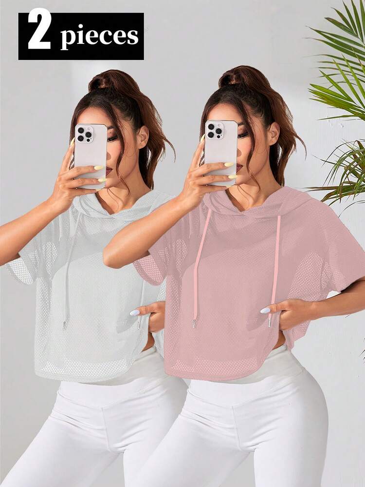 Velisys 2pcs Women Summer Casual Everyday Commute Simple Solid Color Mesh Breathable Short Sleeve Drawstring Hooded Sweatshirt - Multicolor - View 1