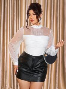 Cravure Blusa Feminina Elegante de Manga Longa Lanterna com Decote Alto, Cintura Marcada, Tecido Leve de Tule com Aplicação de Miçangas, Recortes Assimétricos e Linhas Curvas, Ideal para Passeios, Reuniões e Encontros