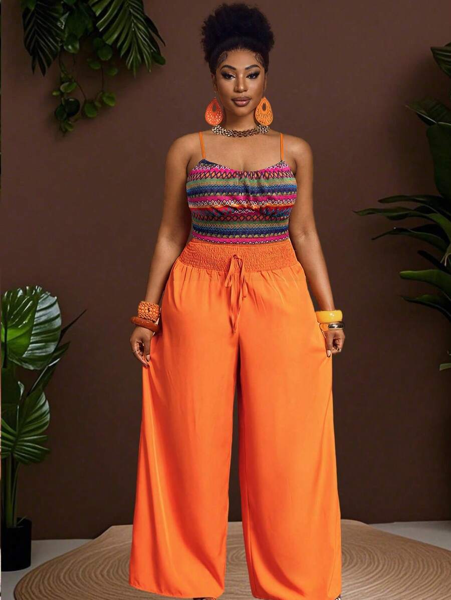 Slaydiva Pink,Summer,Boho,Vacation,Holiday Plus Size Women Colorblock Knit Pattern Camisole Top And Solid Wrap Around Pants Set Y2k Trousers Jumpsuit - Red - View 1