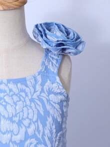 Young Girl Elegant Party Jacquard 3D Floral Decor Dress - Blue - View 5
