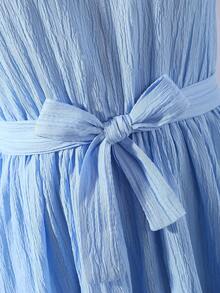 Teenage Girls' Elegant Textured Jacquard Lantern Sleeve Layered Dress, Suitable For Daily Wear And Various Occasions, Spring/Summer, Blue - Blue - View 8