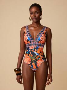 Swim Oasis Women's New One-Piece Printed Swimsuit With Long Sarong Skirt, Deep V-Neck Backless Sleeveless Vacation 2-Piece Swimwear Set - Multicolor - View 6