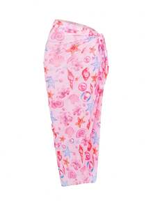 Swim Shayni 3pcs/Set Women's Pink Floral Print Round Neck Short Sleeve Top, Fitted Bermuda Shorts, And Long Mesh Skirt, Modest Swimsuit For Spring/Summer Vacation - Multicolor - View 9