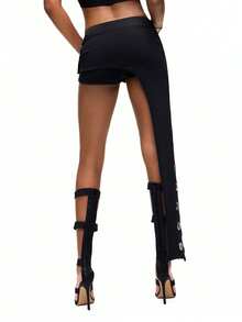 TypaGal Women's Fashion Metal Buckle Asymmetric Hem Shorts, Summer - Black - View 2