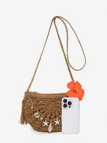 ROMWE Fairycore Women's Floral Pattern Straw Crossbody Bag With Sea Shell Decoration, Lightweight And Suitable For Vacation, Shopping - deep camel - View 2