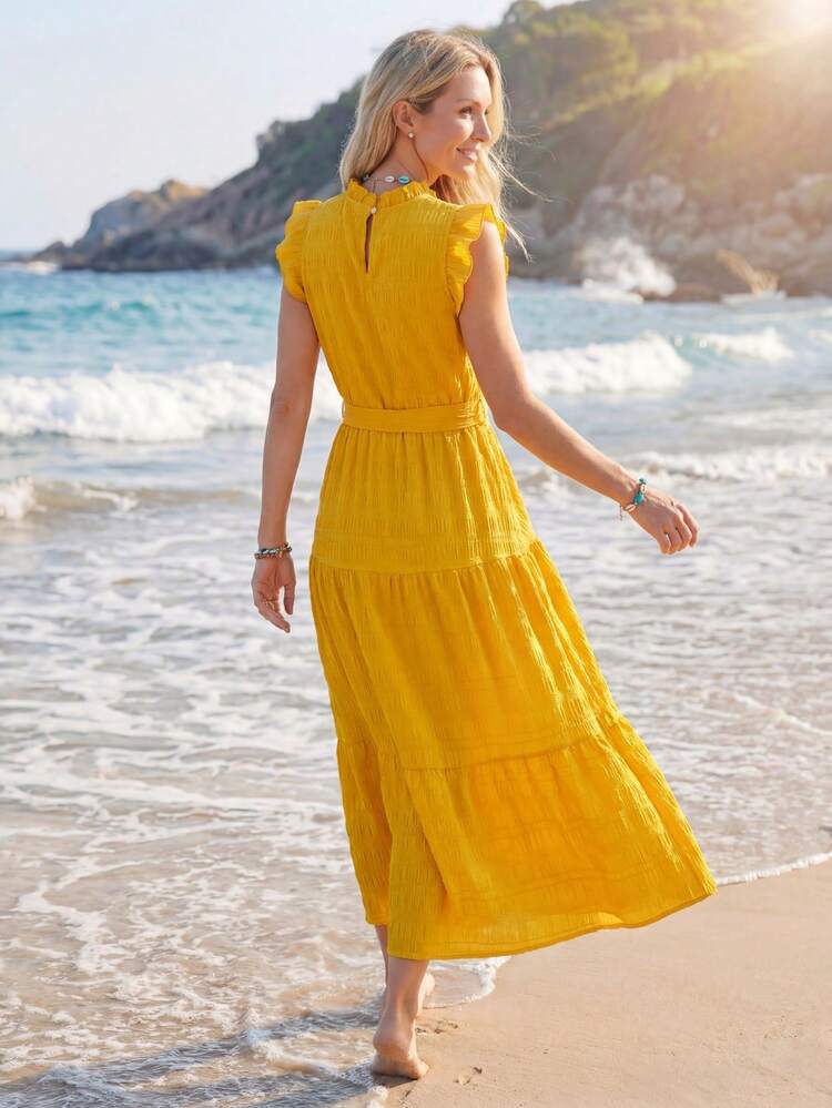 Solid Ruffle Trim Belted Dress