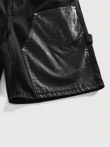 ROMWE MEN Essentials Men's Casual Pockets Faux Leather Patchwork Denim Cargo Shorts Spring/Summer - Black - View 4