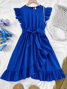 少女夏季休闲日常提花浅蓝色荷叶边腰蝴蝶结系带A字连衣裙 - 藍色 - 查看 1