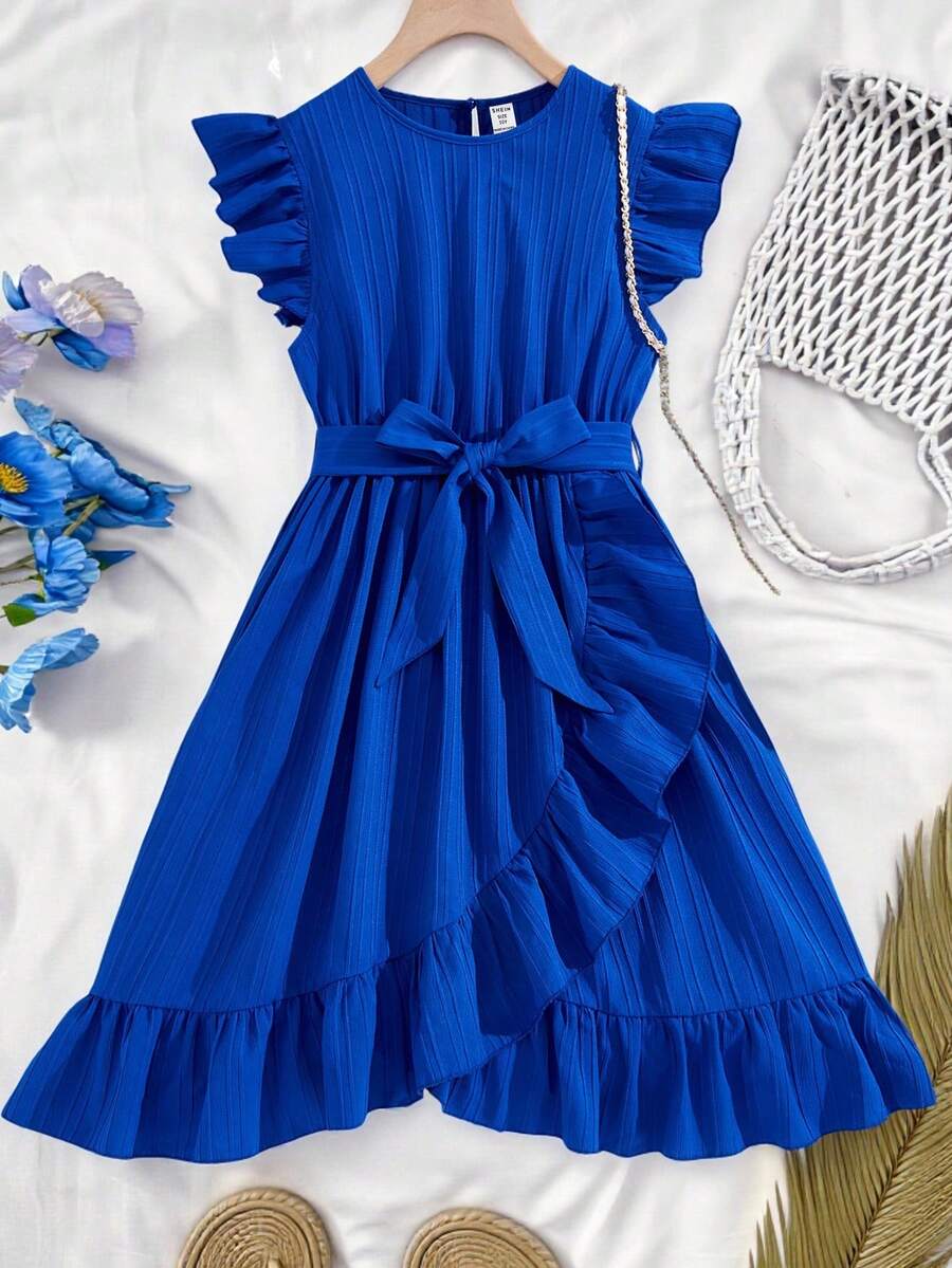 少女夏季休闲日常提花浅蓝色荷叶边腰蝴蝶结系带A字连衣裙 - 藍色 - 查看 1