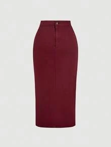 SHEIN MOD Women's Solid Color Side Drawstring Elegant Pencil Denim Skirt - Burgundy - View 2