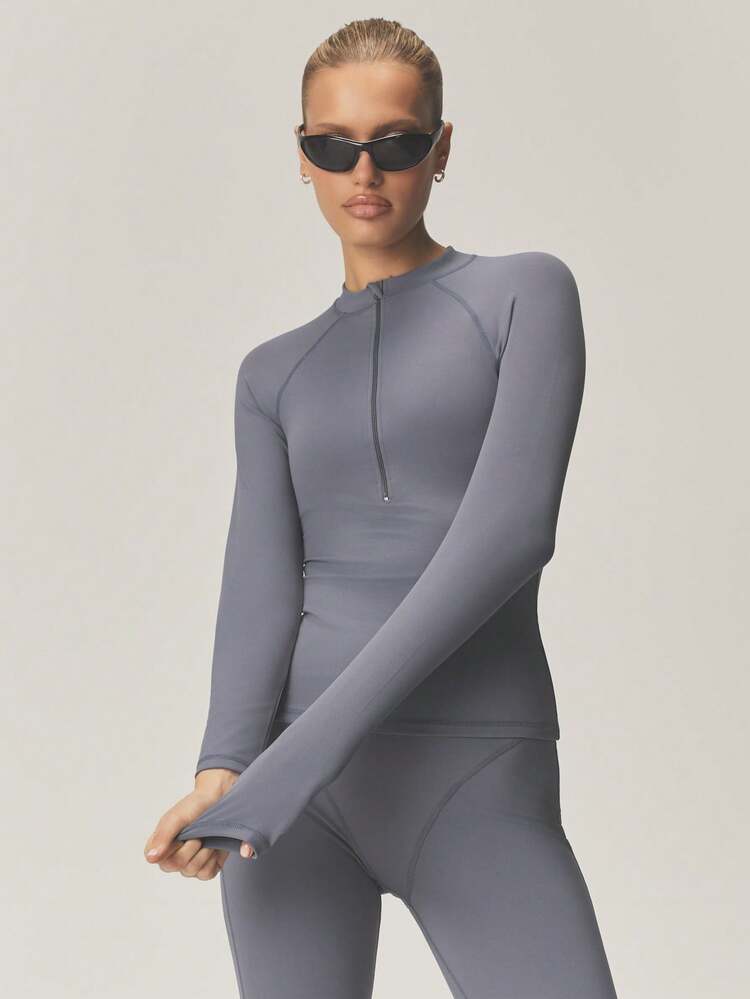 MISSGUIDED Active Half Zip Long Sleeve Raglan Top With Mock Neck For Training And Fitness