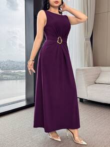 Feyla Waist Ruched Metal Decor Cinched Waist Elegant Cocktail Party & Work Versatile Dress - Bold Plum - View 7